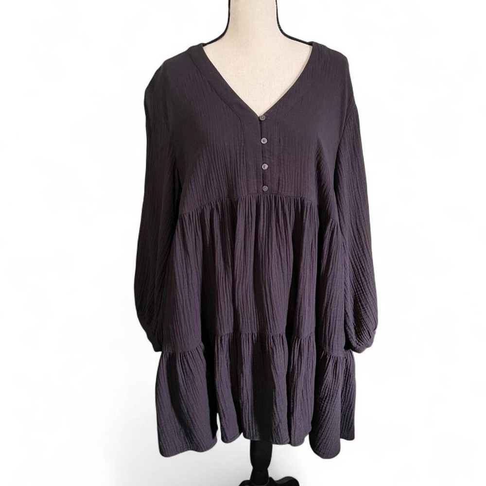 Madewell Black Long Sleeved Tiered Dress V-neck with Pockets Women's 8 Cotton